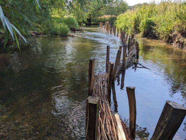 Wooden berm structure weaving through the centre of a river channel